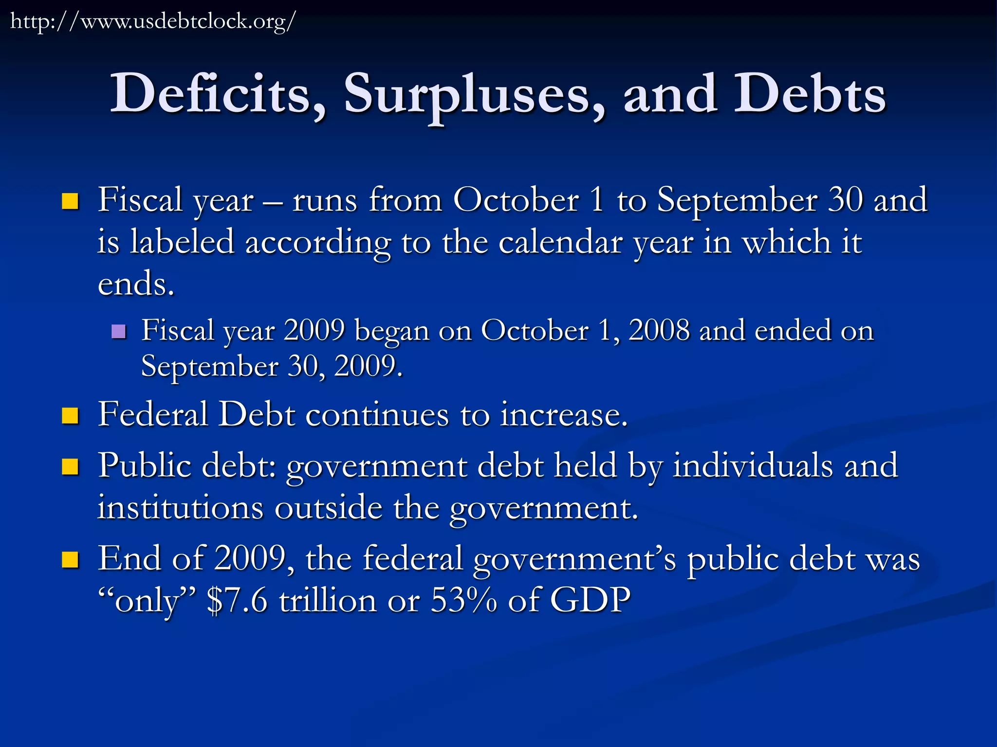 Deficits, Surpluses, and Debts
 Fiscal year – runs from October 1 to September 30 and
is labeled according to the calendar year in which it
ends.
 Fiscal year 2009 began on October 1, 2008 and ended on
September 30, 2009.
 Federal Debt continues to increase.
 Public debt: government debt held by individuals and
institutions outside the government.
 End of 2009, the federal government’s public debt was
“only” $7.6 trillion or 53% of GDP
http://www.usdebtclock.org/
 