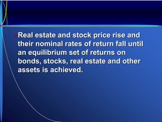 Real estate and stock price rise and
their nominal rates of return fall until
an equilibrium set of returns on
bonds, stocks, real estate and other
assets is achieved.
 