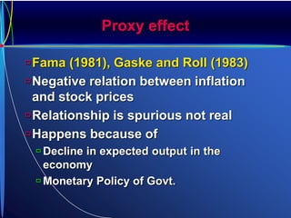 Proxy effect
Fama (1981), Gaske and Roll (1983)
Negative relation between inflation
and stock prices
Relationship is spurious not real
Happens because of
 Decline in expected output in the
economy
 Monetary Policy of Govt.
 
