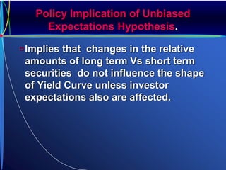 Policy Implication of Unbiased
Expectations Hypothesis.
Implies that changes in the relative
amounts of long term Vs short term
securities do not influence the shape
of Yield Curve unless investor
expectations also are affected.
 