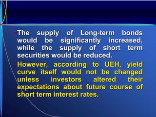 The supply of Long-term bonds
would be significantly increased,
while the supply of short term
securities would be reduced.
However, according to UEH, yield
curve itself would not be changed
unless investors altered their
expectations about future course of
short term interest rates.
 
