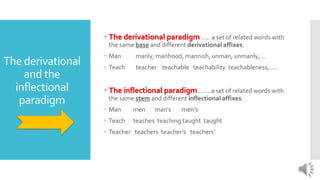 The derivational
and the
inflectional
paradigm
 The derivational paradigm ….. a set of related words with
the same base and different derivational affixes.
 Man manly, manhood, mannish, unman, unmanly,…
 Teach teacher teachable teachability teachableness,…..
 The inflectional paradigm……..a set of related words with
the same stem and different inflectional affixes.
 Man men man’s men’s
 Teach teaches teaching taught taught
 Teacher teachers teacher’s teachers’
 