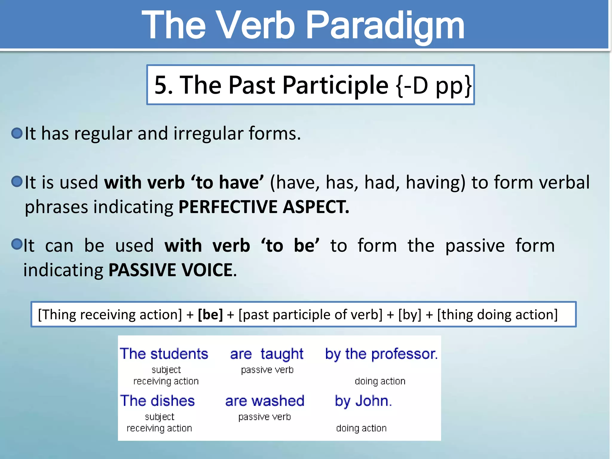 It has regular and irregular forms.
It is used with verb ‘to have’ (have, has, had, having) to form verbal
phrases indicating PERFECTIVE ASPECT.
The Verb Paradigm
5. The Past Participle {-D pp}
[Thing receiving action] + [be] + [past participle of verb] + [by] + [thing doing action]
It can be used with verb ‘to be’ to form the passive form
indicating PASSIVE VOICE.
 