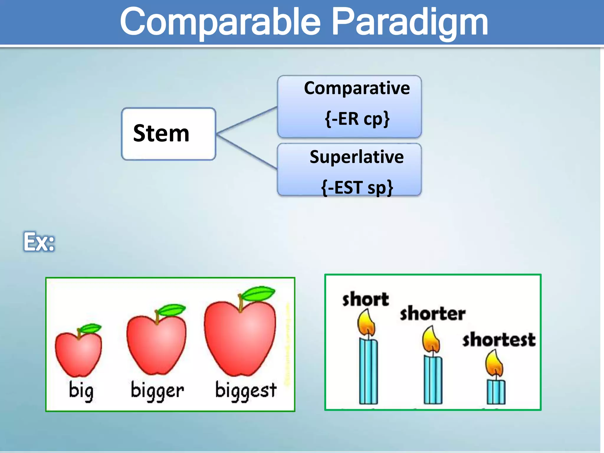 v
Stem
Comparative
{-ER cp}
Superlative
{-EST sp}
Comparable Paradigm
 