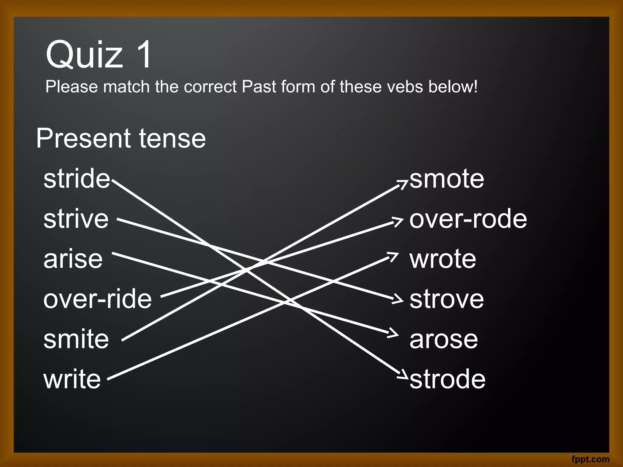 Quiz 1
Please match the correct Past form of these vebs below!

Present tense
stride
strive
arise
over-ride
smite
write

smote
over-rode
wrote
strove
arose
strode

 