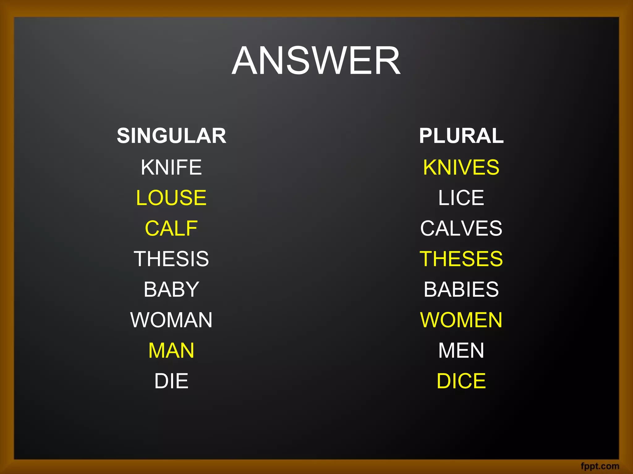 ANSWER
SINGULAR

PLURAL

KNIFE
LOUSE
CALF
THESIS
BABY
WOMAN
MAN
DIE

KNIVES
LICE
CALVES
THESES
BABIES
WOMEN
MEN
DICE

 