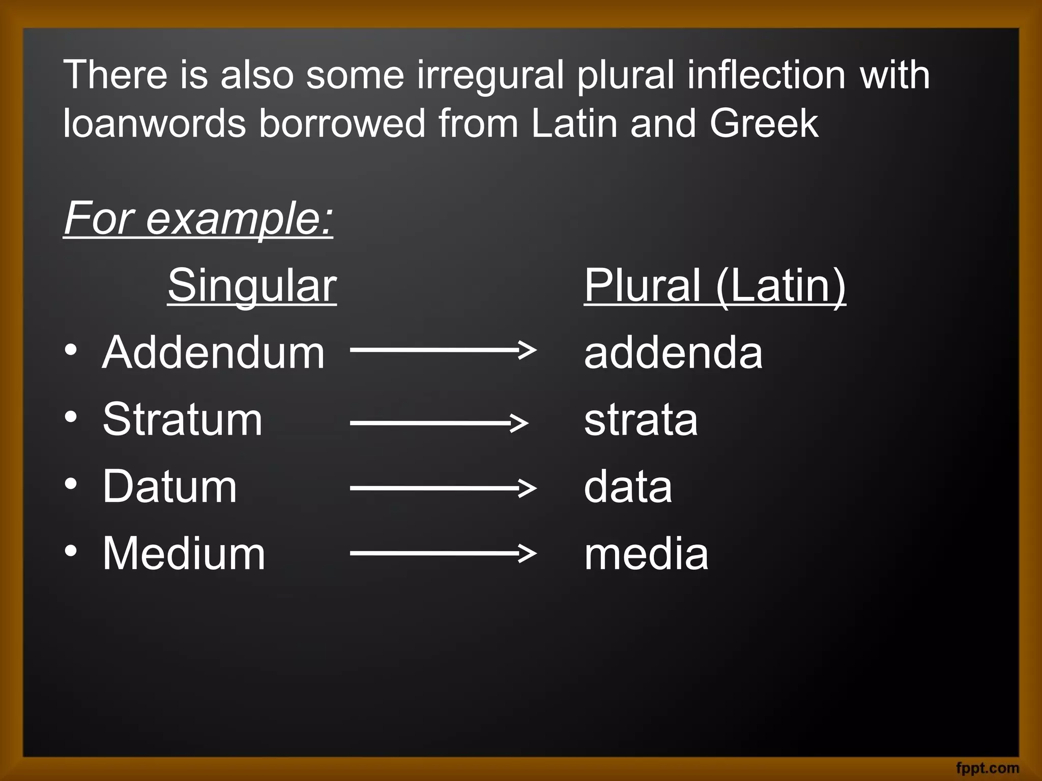 There is also some irregural plural inflection with
loanwords borrowed from Latin and Greek

For example:
Singular
• Addendum
• Stratum
• Datum
• Medium

Plural (Latin)
addenda
strata
data
media

 