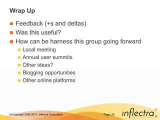 © Copyright 2006-2017, Inflectra Corporation
®
Wrap Up
 Feedback (+s and deltas)
 Was this useful?
 How can be harness this group going forward
 Local meeting
 Annual user summits
 Other ideas?
 Blogging opportunities
 Other online platforms
Page: 26
 