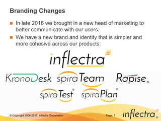 © Copyright 2006-2017, Inflectra Corporation
®
Branding Changes
 In late 2016 we brought in a new head of marketing to
better communicate with our users.
 We have a new brand and identity that is simpler and
more cohesive across our products:
Page: 7
 