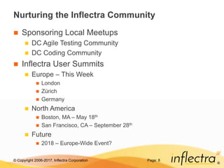 © Copyright 2006-2017, Inflectra Corporation
®
Nurturing the Inflectra Community
 Sponsoring Local Meetups
 DC Agile Testing Community
 DC Coding Community
 Inflectra User Summits
 Europe – This Week
 London
 Zürich
 Germany
 North America
 Boston, MA – May 18th
 San Francisco, CA – September 28th
 Future
 2018 – Europe-Wide Event?
Page: 8
 