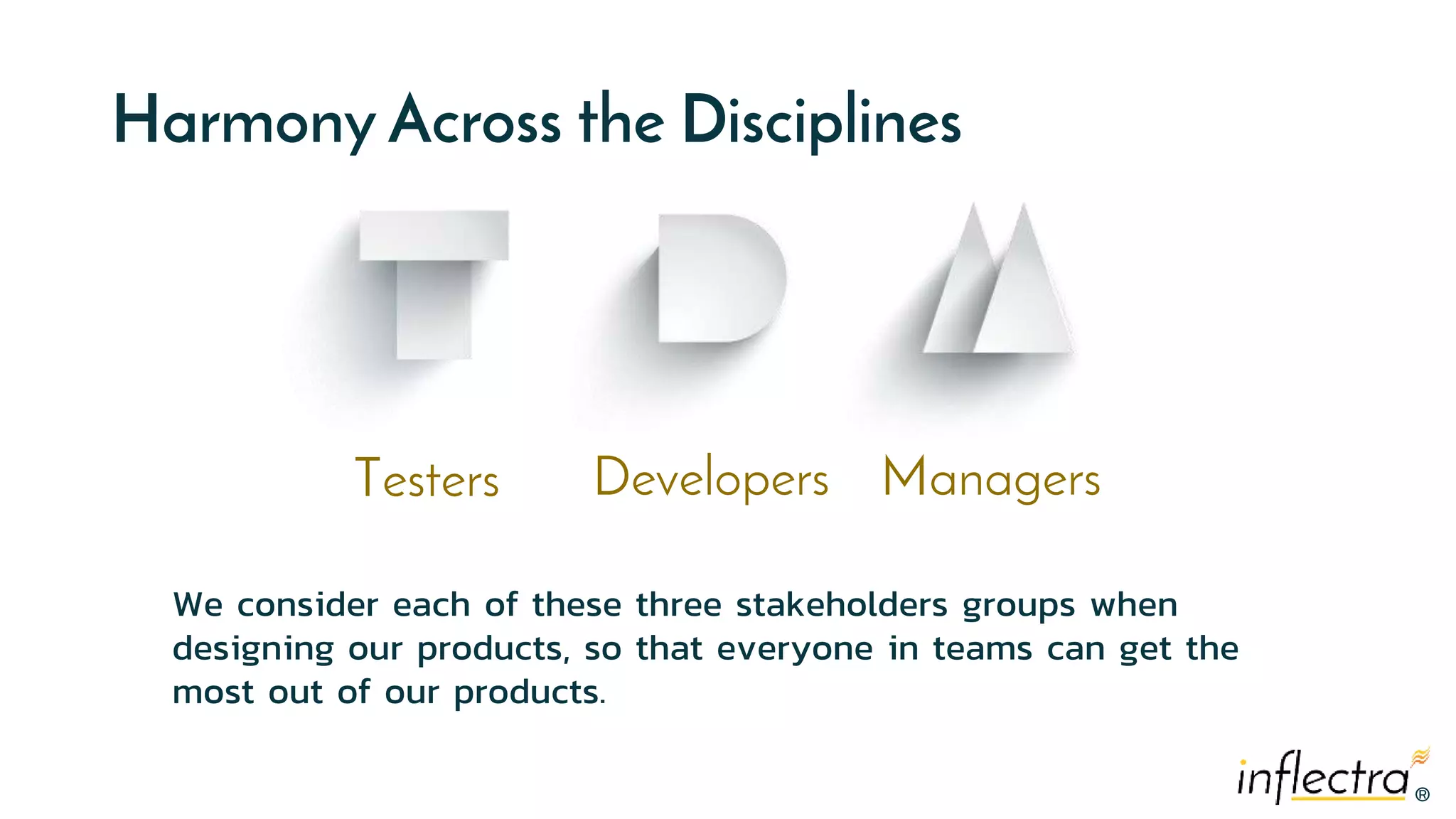 ®®
Harmony Across the Disciplines
Testers Developers Managers
We consider each of these three stakeholders groups when
designing our products, so that everyone in teams can get the
most out of our products.
 