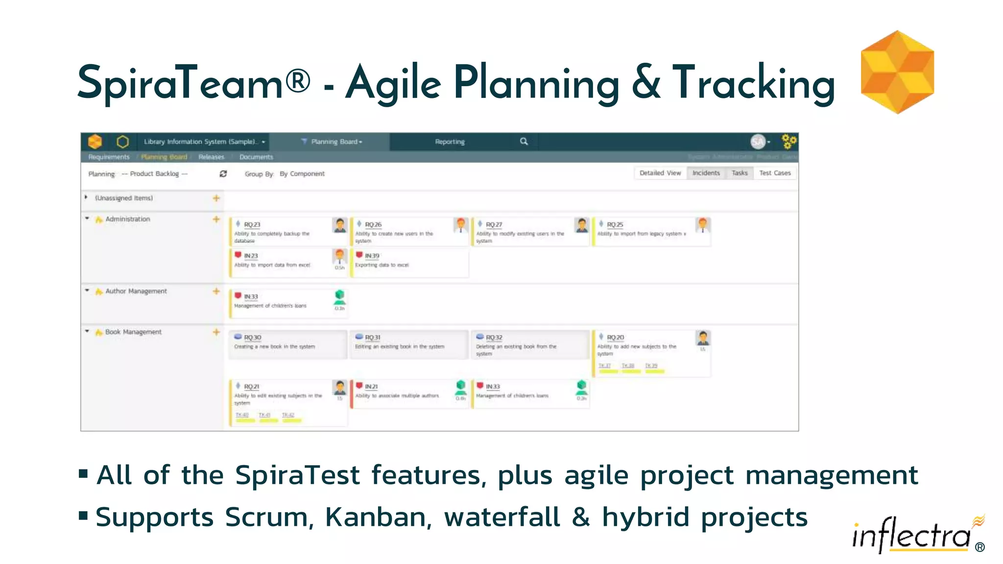 ®®
SpiraTeam® - Agile Planning & Tracking
 All of the SpiraTest features, plus agile project management
 Supports Scrum, Kanban, waterfall & hybrid projects
 