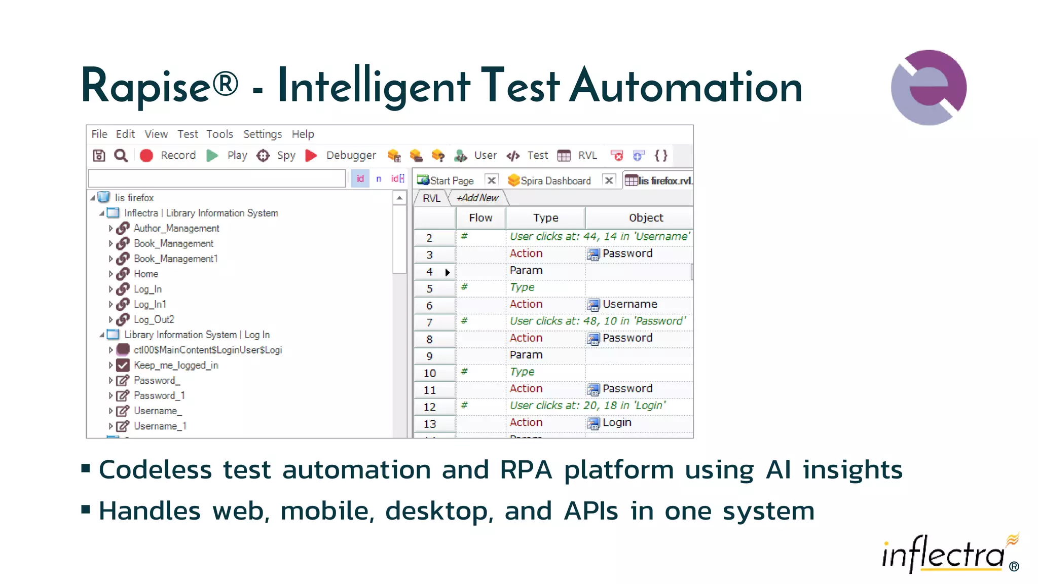 ®®
Rapise® - Intelligent Test Automation
 Codeless test automation and RPA platform using AI insights
 Handles web, mobile, desktop, and APIs in one system
 