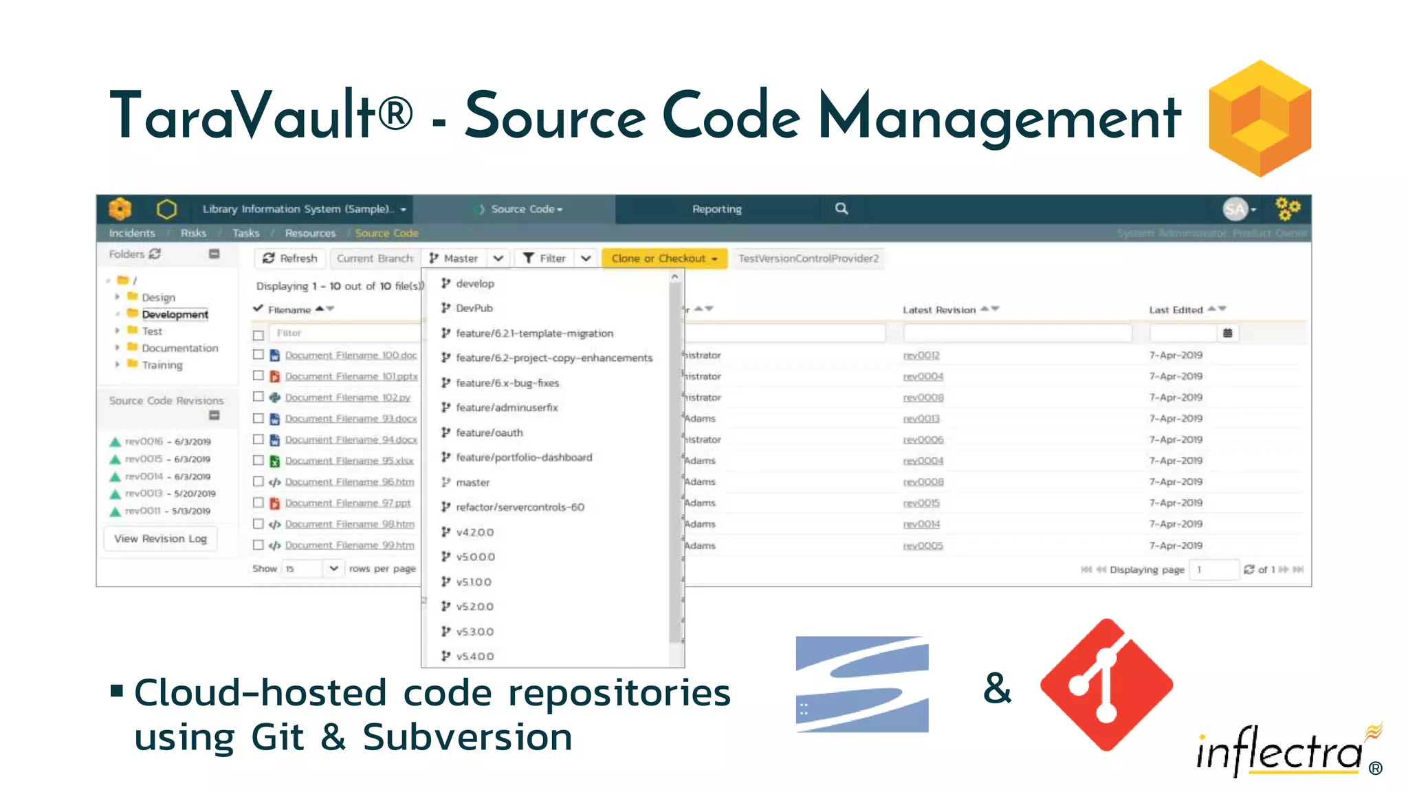 ®®
TaraVault® - Source Code Management
 Cloud-hosted code repositories
using Git & Subversion
&
 