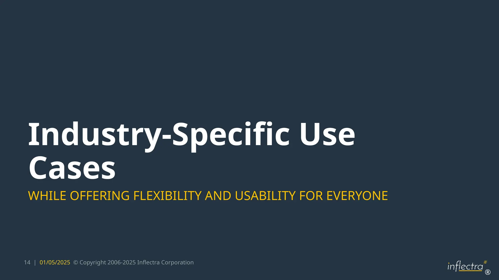 ®
14 | 01/05/2025 © Copyright 2006-2025 Inflectra Corporation
Industry-Specific Use
Cases
WHILE OFFERING FLEXIBILITY AND USABILITY FOR EVERYONE
 