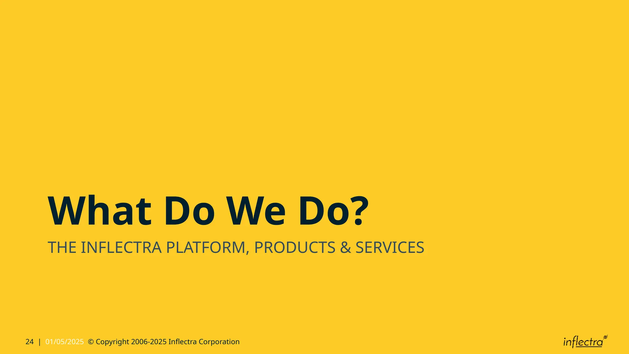 24 | 01/05/2025 © Copyright 2006-2025 Inflectra Corporation
What Do We Do?
THE INFLECTRA PLATFORM, PRODUCTS & SERVICES
 