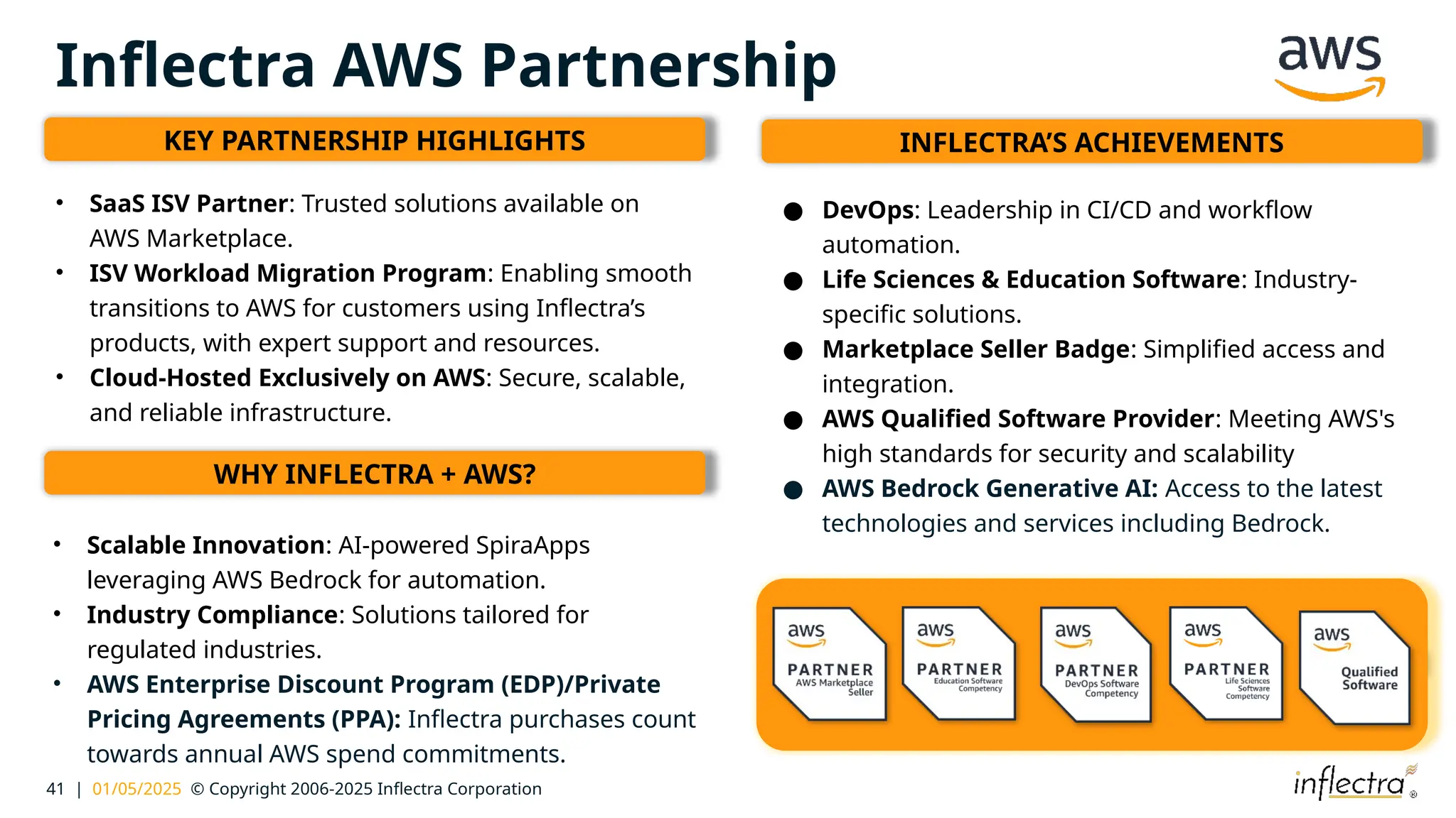 41 | 01/05/2025 © Copyright 2006-2025 Inflectra Corporation
Inflectra AWS Partnership
• SaaS ISV Partner: Trusted solutions available on
AWS Marketplace.
• ISV Workload Migration Program: Enabling smooth
transitions to AWS for customers using Inflectra’s
products, with expert support and resources.
• Cloud-Hosted Exclusively on AWS: Secure, scalable,
and reliable infrastructure.
● DevOps: Leadership in CI/CD and workflow
automation.
● Life Sciences & Education Software: Industry-
specific solutions.
● Marketplace Seller Badge: Simplified access and
integration.
● AWS Qualified Software Provider: Meeting AWS's
high standards for security and scalability
● AWS Bedrock Generative AI: Access to the latest
technologies and services including Bedrock.
KEY PARTNERSHIP HIGHLIGHTS INFLECTRA’S ACHIEVEMENTS
• Scalable Innovation: AI-powered SpiraApps
leveraging AWS Bedrock for automation.
• Industry Compliance: Solutions tailored for
regulated industries.
• AWS Enterprise Discount Program (EDP)/Private
Pricing Agreements (PPA): Inflectra purchases count
towards annual AWS spend commitments.
WHY INFLECTRA + AWS?
 