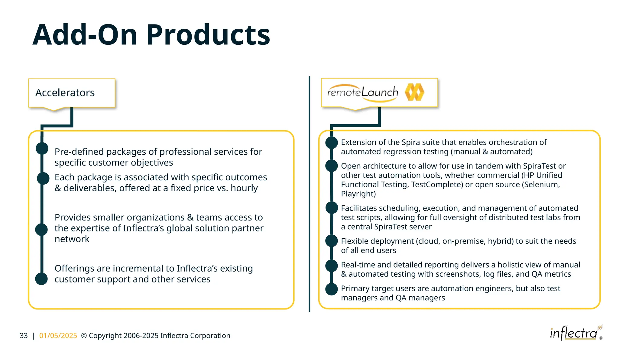 33 | 01/05/2025 © Copyright 2006-2025 Inflectra Corporation
Add-On Products
• Extension of the Spira suite that enables orchestration of
automated regression testing (manual & automated)
• Open architecture to allow for use in tandem with SpiraTest or
other test automation tools, whether commercial (HP Unified
Functional Testing, TestComplete) or open source (Selenium,
Playright)
• Facilitates scheduling, execution, and management of automated
test scripts, allowing for full oversight of distributed test labs from
a central SpiraTest server
• Flexible deployment (cloud, on-premise, hybrid) to suit the needs
of all end users
• Real-time and detailed reporting delivers a holistic view of manual
& automated testing with screenshots, log files, and QA metrics
• Primary target users are automation engineers, but also test
managers and QA managers
Pre-defined packages of professional services for
specific customer objectives
Each package is associated with specific outcomes
& deliverables, offered at a fixed price vs. hourly
Provides smaller organizations & teams access to
the expertise of Inflectra’s global solution partner
network
Offerings are incremental to Inflectra’s existing
customer support and other services
Accelerators
 