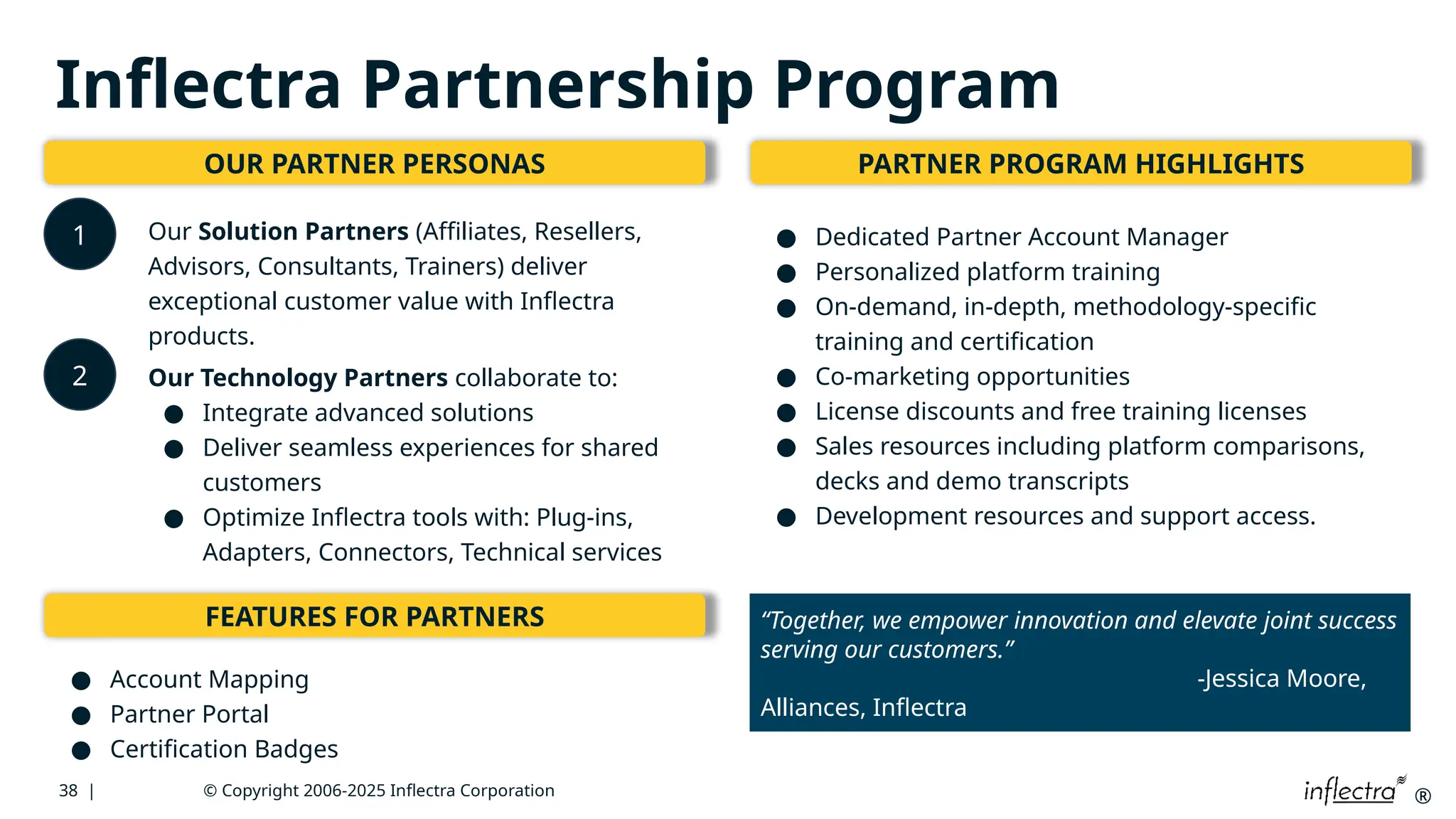 38 | 01/05/2025 © Copyright 2006-2025 Inflectra Corporation ®
Inflectra Partnership Program
1
OUR PARTNER PERSONAS PARTNER PROGRAM HIGHLIGHTS
Our Solution Partners (Affiliates, Resellers,
Advisors, Consultants, Trainers) deliver
exceptional customer value with Inflectra
products.
2
● Dedicated Partner Account Manager
● Personalized platform training
● On-demand, in-depth, methodology-specific
training and certification
● Co-marketing opportunities
● License discounts and free training licenses
● Sales resources including platform comparisons,
decks and demo transcripts
● Development resources and support access.
Our Technology Partners collaborate to:
● Integrate advanced solutions
● Deliver seamless experiences for shared
customers
● Optimize Inflectra tools with: Plug-ins,
Adapters, Connectors, Technical services
FEATURES FOR PARTNERS
● Account Mapping
● Partner Portal
● Certification Badges
“Together, we empower innovation and elevate joint success
serving our customers.”
-Jessica Moore,
Alliances, Inflectra
 