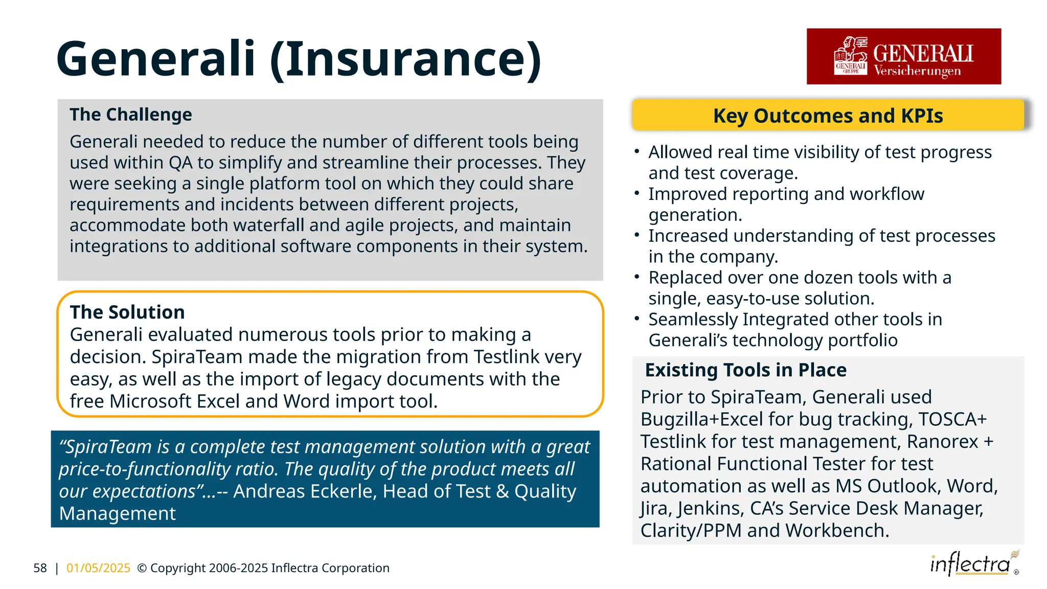 58 | 01/05/2025 © Copyright 2006-2025 Inflectra Corporation
Generali (Insurance)
The Challenge
Generali needed to reduce the number of different tools being
used within QA to simplify and streamline their processes. They
were seeking a single platform tool on which they could share
requirements and incidents between different projects,
accommodate both waterfall and agile projects, and maintain
integrations to additional software components in their system.
Existing Tools in Place
Prior to SpiraTeam, Generali used
Bugzilla+Excel for bug tracking, TOSCA+
Testlink for test management, Ranorex +
Rational Functional Tester for test
automation as well as MS Outlook, Word,
Jira, Jenkins, CA’s Service Desk Manager,
Clarity/PPM and Workbench.
The Solution
Generali evaluated numerous tools prior to making a
decision. SpiraTeam made the migration from Testlink very
easy, as well as the import of legacy documents with the
free Microsoft Excel and Word import tool.
“SpiraTeam is a complete test management solution with a great
price-to-functionality ratio. The quality of the product meets all
our expectations”…-- Andreas Eckerle, Head of Test & Quality
Management
Key Outcomes and KPIs
• Allowed real time visibility of test progress
and test coverage.
• Improved reporting and workflow
generation.
• Increased understanding of test processes
in the company.
• Replaced over one dozen tools with a
single, easy-to-use solution.
• Seamlessly Integrated other tools in
Generali’s technology portfolio
 