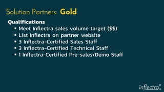 ®
Solution Partners: Gold
Qualifications
 Meet Inflectra sales volume target ($$)
 List Inflectra on partner website
 3 Inflectra-Certified Sales Staff
 3 Inflectra-Certified Technical Staff
 1 Inflectra-Certified Pre-sales/Demo Staff
 