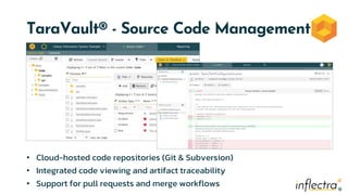 ®
®
TaraVault® - Source Code Management
• Cloud-hosted code repositories (Git & Subversion)
• Integrated code viewing and artifact traceability
• Support for pull requests and merge workflows
 