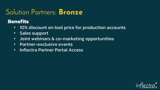 ®
Solution Partners: Bronze
Benefits
• 10% discount on tool price for production accounts
• Sales support
• Joint webinars & co-marketing opportunities
• Partner-exclusive events
• Inflectra Partner Portal Access
 