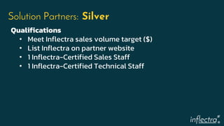 ®
Solution Partners: Silver
Qualifications
• Meet Inflectra sales volume target ($)
• List Inflectra on partner website
• 1 Inflectra-Certified Sales Staff
• 1 Inflectra-Certified Technical Staff
 