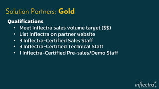 ®
Solution Partners: Gold
Qualifications
• Meet Inflectra sales volume target ($$)
• List Inflectra on partner website
• 3 Inflectra-Certified Sales Staff
• 3 Inflectra-Certified Technical Staff
• 1 Inflectra-Certified Pre-sales/Demo Staff
 