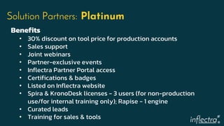 ®
Solution Partners: Platinum
Benefits
• 30% discount on tool price for production accounts
• Sales support
• Joint webinars
• Partner-exclusive events
• Inflectra Partner Portal access
• Certifications & badges
• Listed on Inflectra website
• Spira & KronoDesk licenses - 3 users (for non-production
use/for internal training only); Rapise - 1 engine
• Curated leads
• Training for sales & tools
 