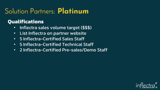 ®
Solution Partners: Platinum
Qualifications
• Inflectra sales volume target ($$$)
• List Inflectra on partner website
• 5 Inflectra-Certified Sales Staff
• 5 Inflectra-Certified Technical Staff
• 2 Inflectra-Certified Pre-sales/Demo Staff
 
