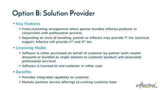 ®®
Option B: Solution Provider
 Key Features
 Cross-marketing arrangement where partner bundles Inflectra products in
conjunction with professional services.
 Depending on level of bundling, partner or Inflectra may provide 1st tier technical
support; Inflectra will provide 2nd and 3rd tier.
 Licensing Model
 Software is either purchased on behalf of customer by partner (with reseller
discount) or bundled as single solution to customer (product and associated
professional services).
 Software is licensed to end customer in either case
 Benefits
 Provides integrated capability to customer.
 Markets partners service offerings to existing customer base
 