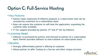 ®®
Option C: Full-Service Hosting
 Key Features
 Partner hosts instance(s) of Inflectra products in a data-center that can be
accessed by customers on a subscription basis.
 Does not require the customer to self-host the application, expanding the
customer base available.
 1st tier support provided by partner; 2nd and 3rd tier by Inflectra.
 Licensing Model
 Software is purchased by partner and licensed to partner on a subscription
basis. Partner provides software to end-customer on subscription basis.
 Benefits
 Strongly differentiates partner’s offering to customer
 Allows partner to offer Testing as a Service and other unique services
 