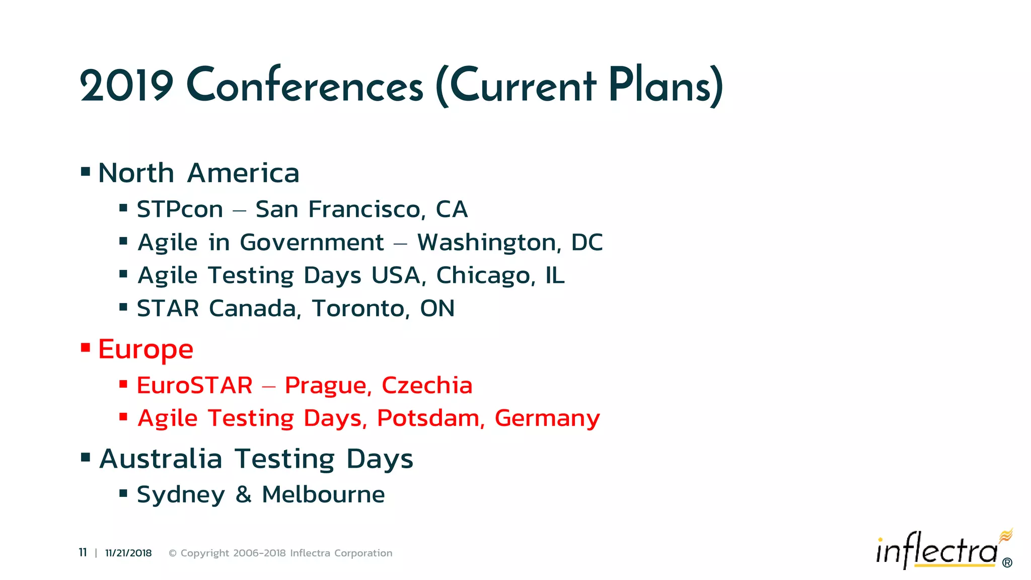 ®
11 | 11/21/2018 © Copyright 2006-2018 Inflectra Corporation
®
2019 Conferences (Current Plans)
 North America
 STPcon – San Francisco, CA
 Agile in Government – Washington, DC
 Agile Testing Days USA, Chicago, IL
 STAR Canada, Toronto, ON
 Europe
 EuroSTAR – Prague, Czechia
 Agile Testing Days, Potsdam, Germany
 Australia Testing Days
 Sydney & Melbourne
 