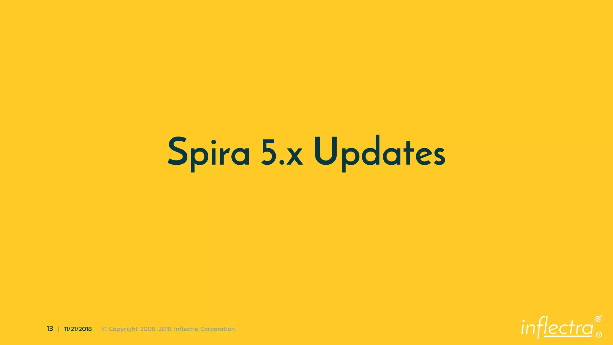 ®
13 | 11/21/2018 © Copyright 2006-2018 Inflectra Corporation
Spira 5.x Updates
 