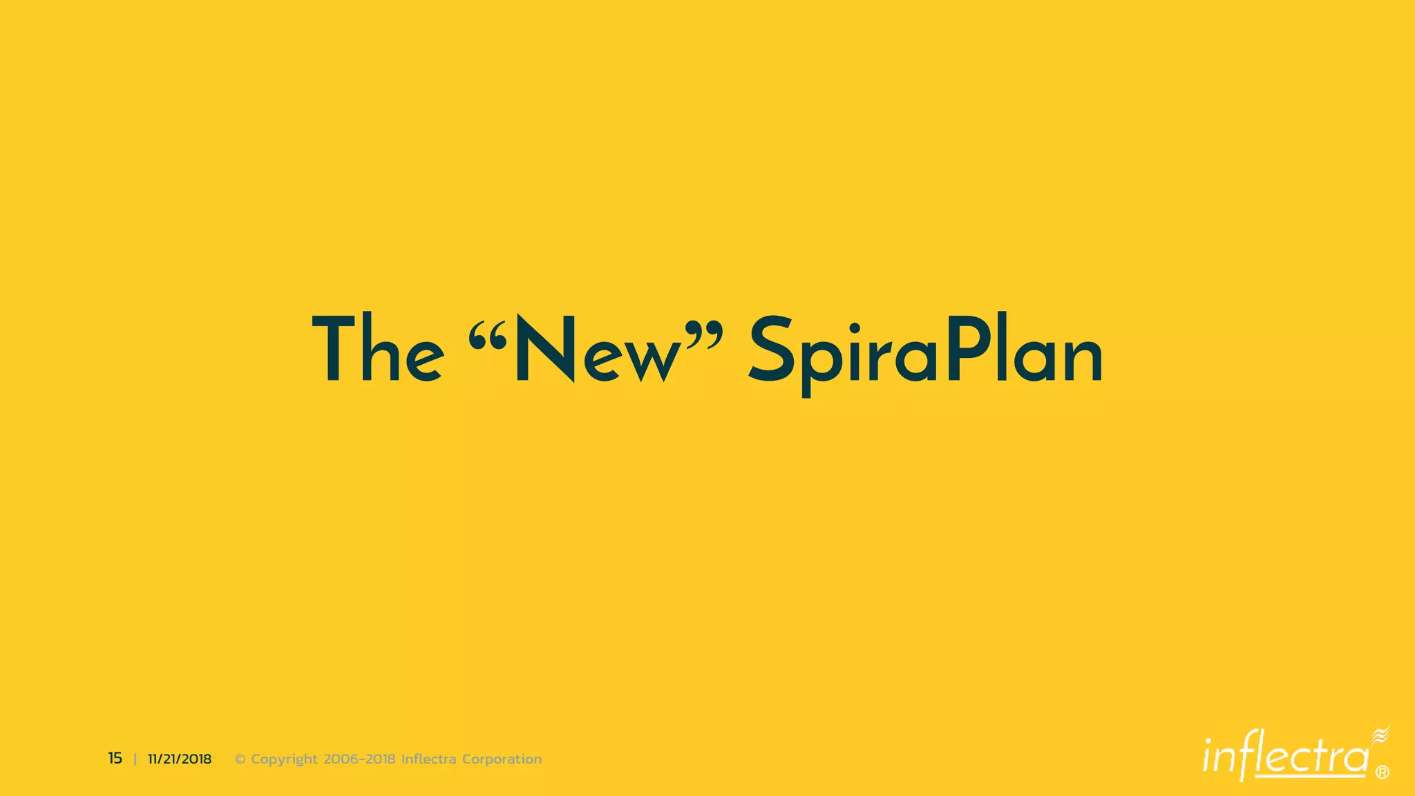 ®
15 | 11/21/2018 © Copyright 2006-2018 Inflectra Corporation
The “New” SpiraPlan
 