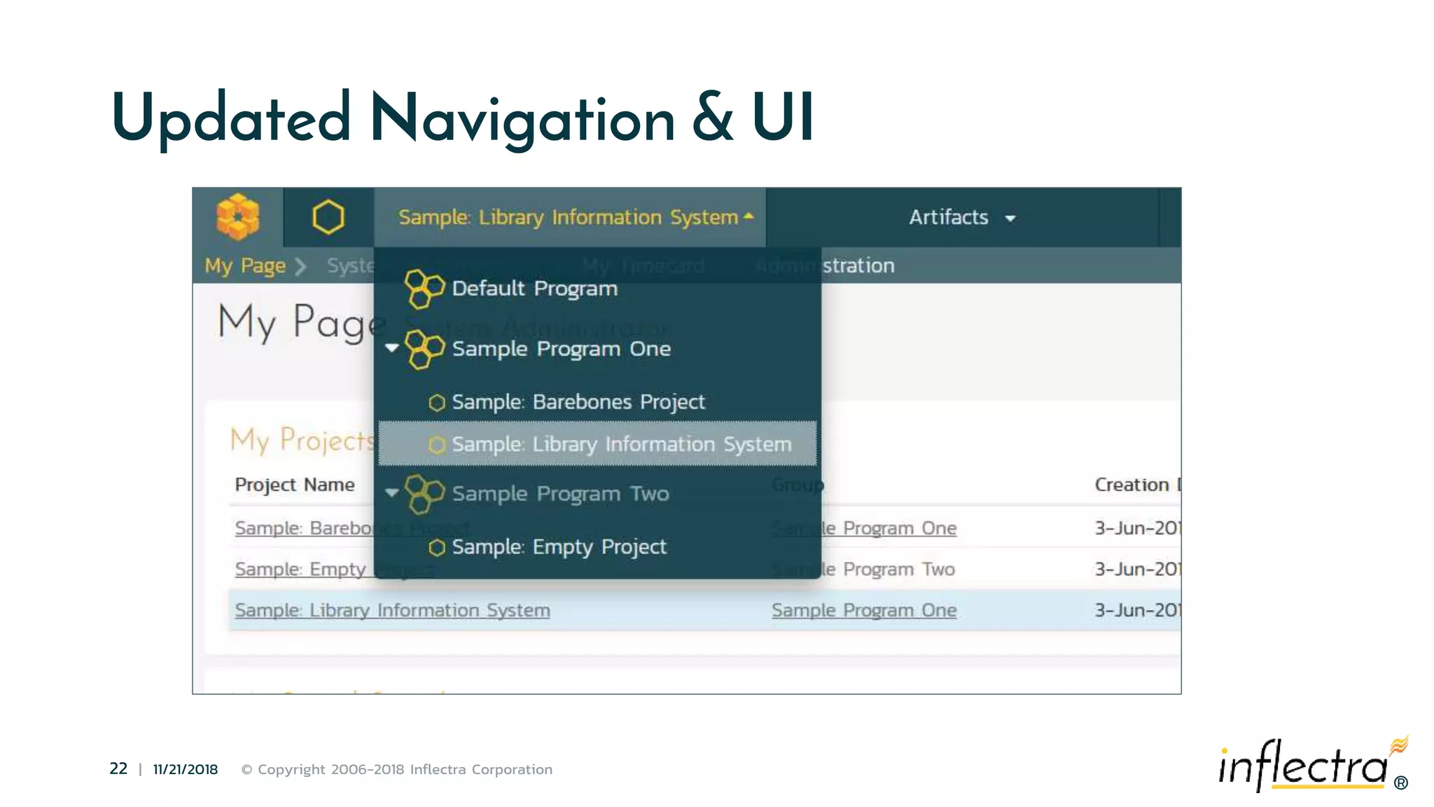 ®
22 | 11/21/2018 © Copyright 2006-2018 Inflectra Corporation
®
Updated Navigation & UI
 