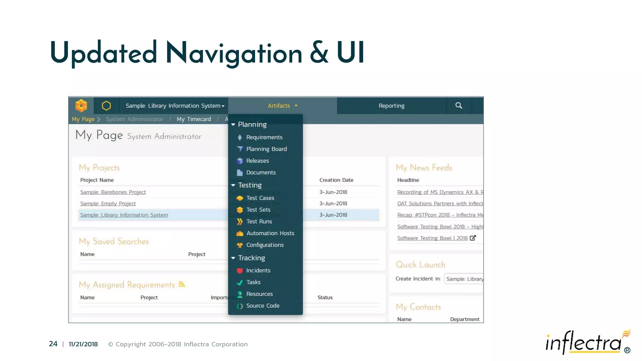 ®
24 | 11/21/2018 © Copyright 2006-2018 Inflectra Corporation
®
Updated Navigation & UI
 