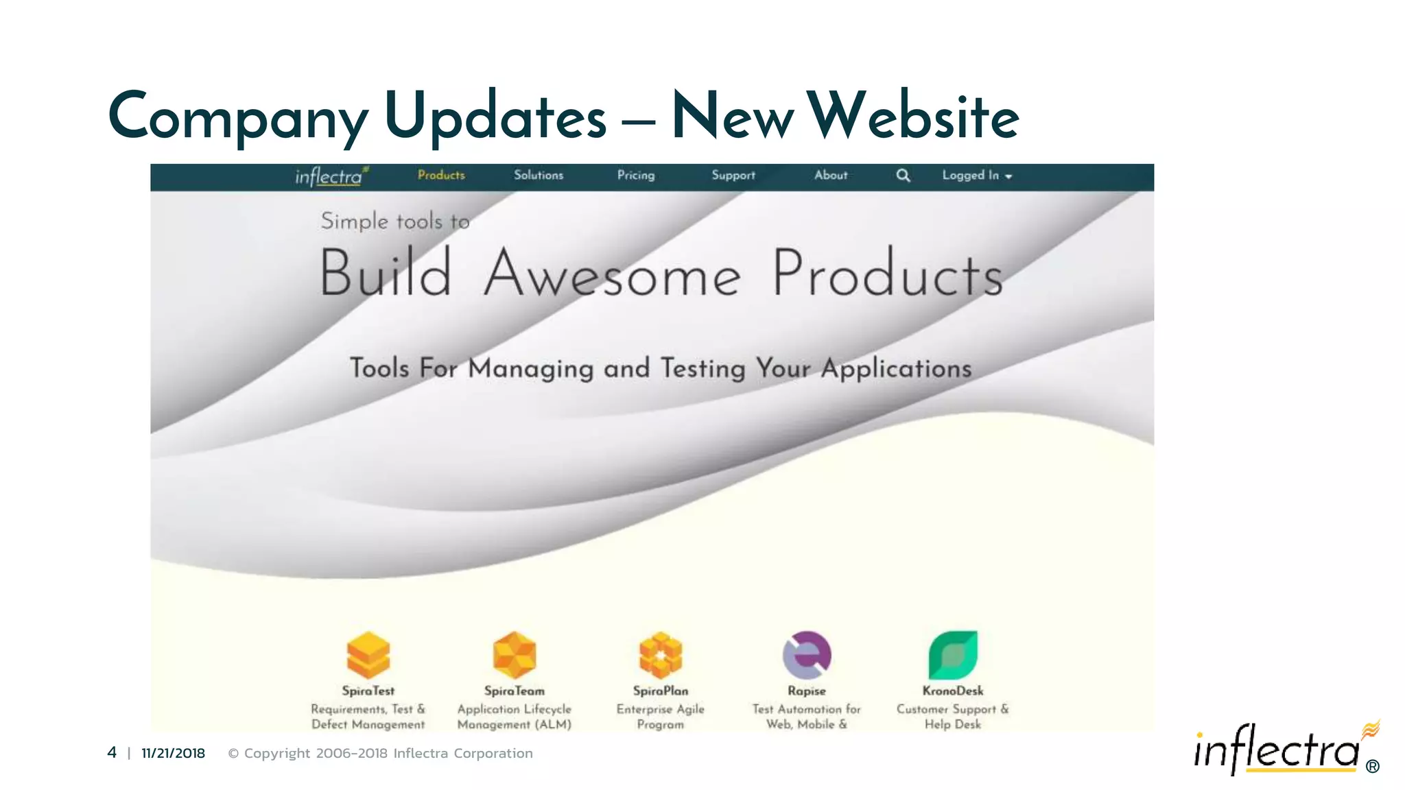 ®
4 | 11/21/2018 © Copyright 2006-2018 Inflectra Corporation
®
Company Updates – New Website
 