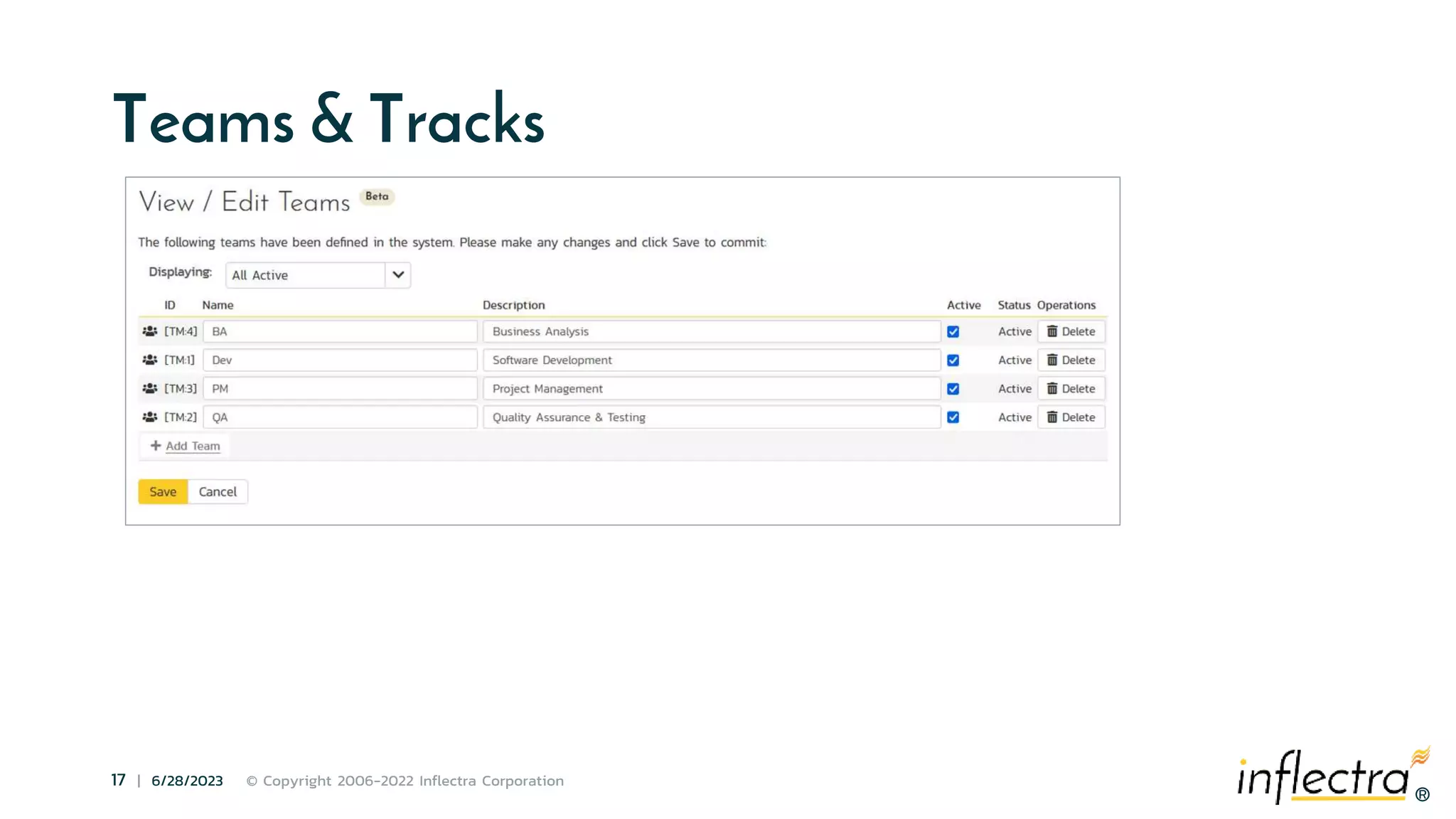 ®
17 | 6/28/2023 © Copyright 2006-2022 Inflectra Corporation
®
Teams & Tracks
 