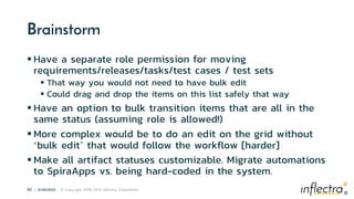 ®
42 | 6/28/2023 © Copyright 2006-2023 Inflectra Corporation
®
Brainstorm
 Have a separate role permission for moving
requirements/releases/tasks/test cases / test sets
 That way you would not need to have bulk edit
 Could drag and drop the items on this list safely that way
 Have an option to bulk transition items that are all in the
same status (assuming role is allowed!)
 More complex would be to do an edit on the grid without
‘bulk edit’ that would follow the workflow [harder]
 Make all artifact statuses customizable. Migrate automations
to SpiraApps vs. being hard-coded in the system.
 