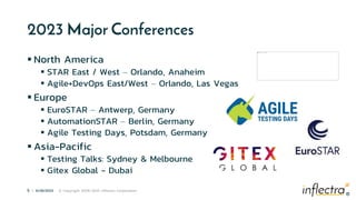 ®
5 | 6/28/2023 © Copyright 2006-2023 Inflectra Corporation
®
2023 Major Conferences
 North America
 STAR East / West – Orlando, Anaheim
 Agile+DevOps East/West – Orlando, Las Vegas
 Europe
 EuroSTAR – Antwerp, Germany
 AutomationSTAR – Berlin, Germany
 Agile Testing Days, Potsdam, Germany
 Asia-Pacific
 Testing Talks: Sydney & Melbourne
 Gitex Global - Dubai
 