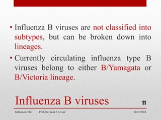 Influenza B viruses
• Influenza B viruses are not classified into
subtypes, but can be broken down into
lineages.
• Currently circulating influenza type B
viruses belong to either B/Yamagata or
B/Victoria lineage.
22/12/2018
Influenza (Flu) Prof. Dr. Saad S Al Ani
11
 