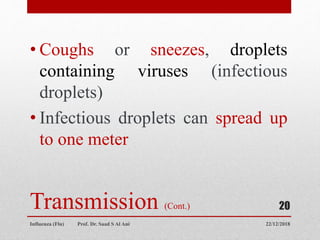 Transmission (Cont.)
• Coughs or sneezes, droplets
containing viruses (infectious
droplets)
• Infectious droplets can spread up
to one meter
22/12/2018
Influenza (Flu) Prof. Dr. Saad S Al Ani
20
 