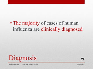 Diagnosis
• The majority of cases of human
influenza are clinically diagnosed
22/12/2018
Influenza (Flu) Prof. Dr. Saad S Al Ani
24
 