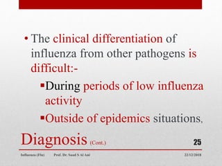 Diagnosis (Cont.)
• The clinical differentiation of
influenza from other pathogens is
difficult:-
During periods of low influenza
activity
Outside of epidemics situations,
22/12/2018
Influenza (Flu) Prof. Dr. Saad S Al Ani
25
 