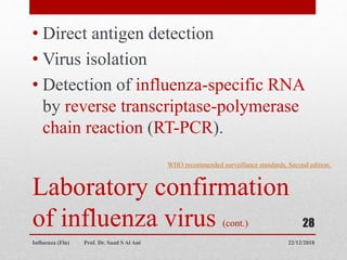 Laboratory confirmation
of influenza virus (cont.)
• Direct antigen detection
• Virus isolation
• Detection of influenza-specific RNA
by reverse transcriptase-polymerase
chain reaction (RT-PCR).
22/12/2018
Influenza (Flu) Prof. Dr. Saad S Al Ani
28
WHO recommended surveillance standards, Second edition.
 