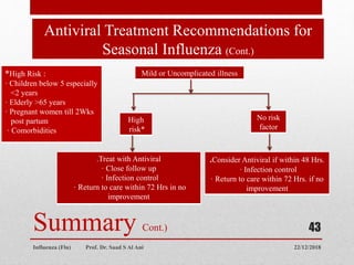 Summary Cont.)
Antiviral Treatment Recommendations for
Seasonal Influenza (Cont.)
22/12/2018
Influenza (Flu) Prof. Dr. Saad S Al Ani
43
Mild or Uncomplicated illness
No risk
factor
High
risk*
.Consider Antiviral if within 48 Hrs.
· Infection control
· Return to care within 72 Hrs. if no
improvement
.Treat with Antiviral
· Close follow up
· Infection control
· Return to care within 72 Hrs in no
improvement
*High Risk :
· Children below 5 especially
<2 years
· Elderly >65 years
· Pregnant women till 2Wks
post partum
· Comorbidities
 