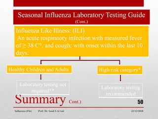 Seasonal Influenza Laboratory Testing Guide
(Cont.)
22/12/2018
Influenza (Flu) Prof. Dr. Saad S Al Ani
50
Summary Cont.)
Influenza Like Illness: (ILI)
An acute respiratory infection with measured fever
of ≥ 38 C°, and cough; with onset within the last 10
days.
Healthy Children and Adults High risk category*
Laboratory testing not
required**
Laboratory testing
recommended
 