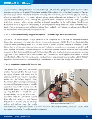 INFLIBNET a Glance@
as additional universities got Internet connectivity through UGC-INFONET programme. So far 206 universities
that come under the purview of UGC have been provided differential access to subscribed e-resources. These e-
resources cover almost all subject disciplines including arts, humanities, social sciences, physical sciences,
chemical sciences, life sciences, computer sciences, management, mathematics and statistics, etc. The Centre has
also initiated Inter-Library Loan (ILL) through JCCC (Journal Custom Content for Consortium). The JCCC provides
article-level access to all the articles published in journals subscribed by the UGC-Infonet Digital Library
Consortium as well as in journals subscribed by 26 university libraries designated as ILL Centres of the INFLIBNET
Centre. Two new resources, namely Elsevier's Science Direct and Wiley InterScience journals were added based
on the demand of user's community from 2011 onwards.
5.5.1.1. Associate Membership Programme of the UGC-INFONET Digital Library Consortium
Success of UGC-Infonet Digital Library Consortium in the universities led to the demand for extension of the
Consortium resources to the universities that are not under the purview of UGC. The Centre has initiated its
Associate Membership Programme in 2009 with an aim to extend access to e-resources subscribed by the
Consortium to private universities and other research institutions. Under the scheme, private universities and
other research institutions can enroll themselves as "Associate Member" of the Consortium and subscribe to
resources of their choice available through the Consortium. The rates of subscription to e-resources are same as
applicable to the Consortium for its core members. Associate members are charged a token amount as annual
membership fee. More than 177 members have enrolled themselves as associate members of the UGC-INFONET
Digital Library Consortium and are subscribing to various resources of their choice through the Consortium.
5.5.1.2. Access to E-Resources for Walk-in Users
The Centre has more than 20 Internet-
enabled PCs dedicated for the walk-in users
including students and researchers for
accessing electronic resources subscribed
under the UGC-Infonet Digital Library
Consortium. The license agreements signed
with the publishers of e-resources provides
access to e-resources for "walk-in" users. The
INFLIBNET Centre, as the coordinating
ag e ncy fo r t h e consortium, gets
complementary access to all e-resources
subscribed under the Consortium. Students
from Gujarat University and Central
University of Gujarat and its affiliated
colleges and students from the nearby
universities and colleges are welcome to access e-resources subscribed under the Consortium. Around 1000
users per annum visit the Centre for accessing e-resources.
Walk-in users facility @ INFLIBNET
© Centre, GandhinagarINFLIBNET 10
 